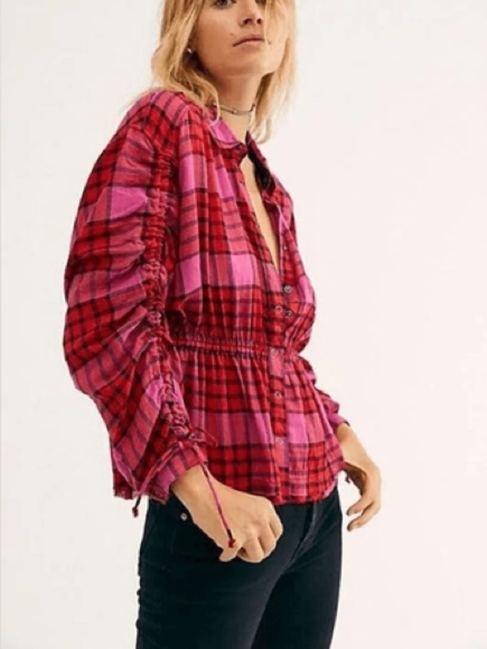 We The Free Red and Pink Plaid Shirt